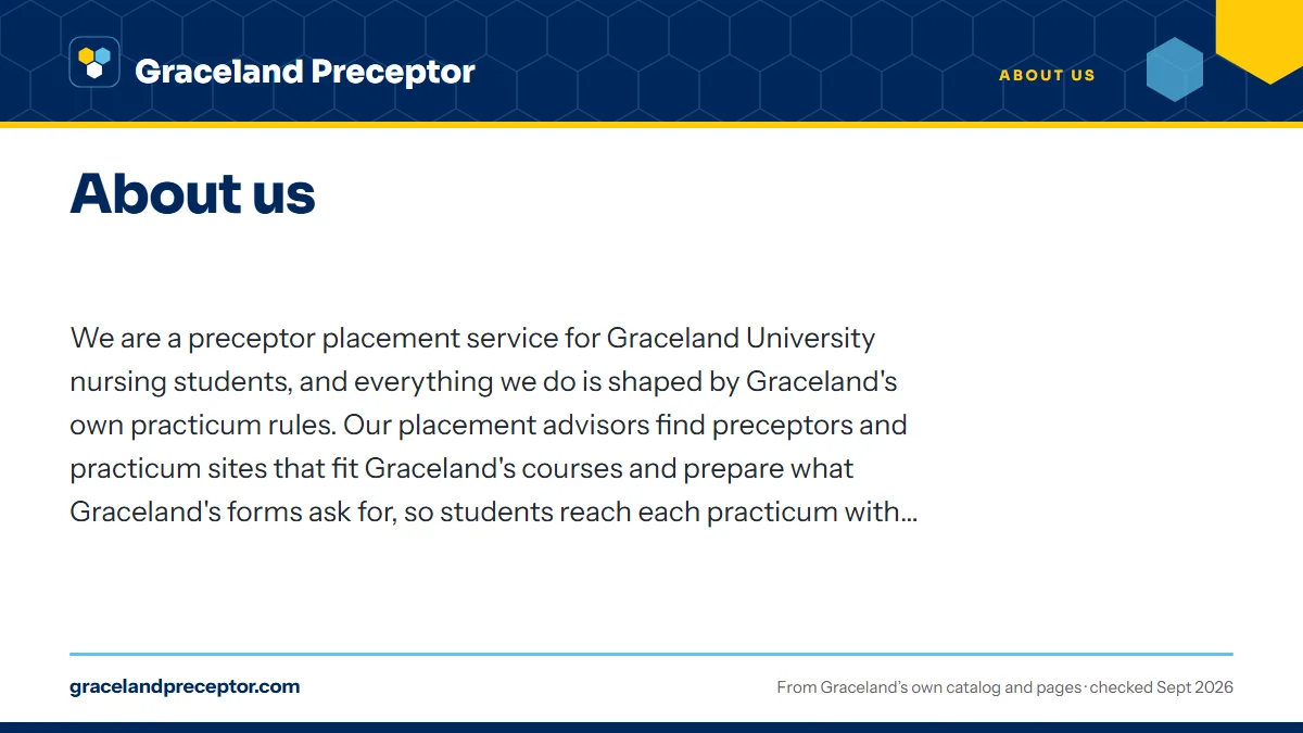 About us. We are a preceptor placement service for Graceland University nursing students, and everything we do is shaped by Graceland's own practicum rules. Our placement