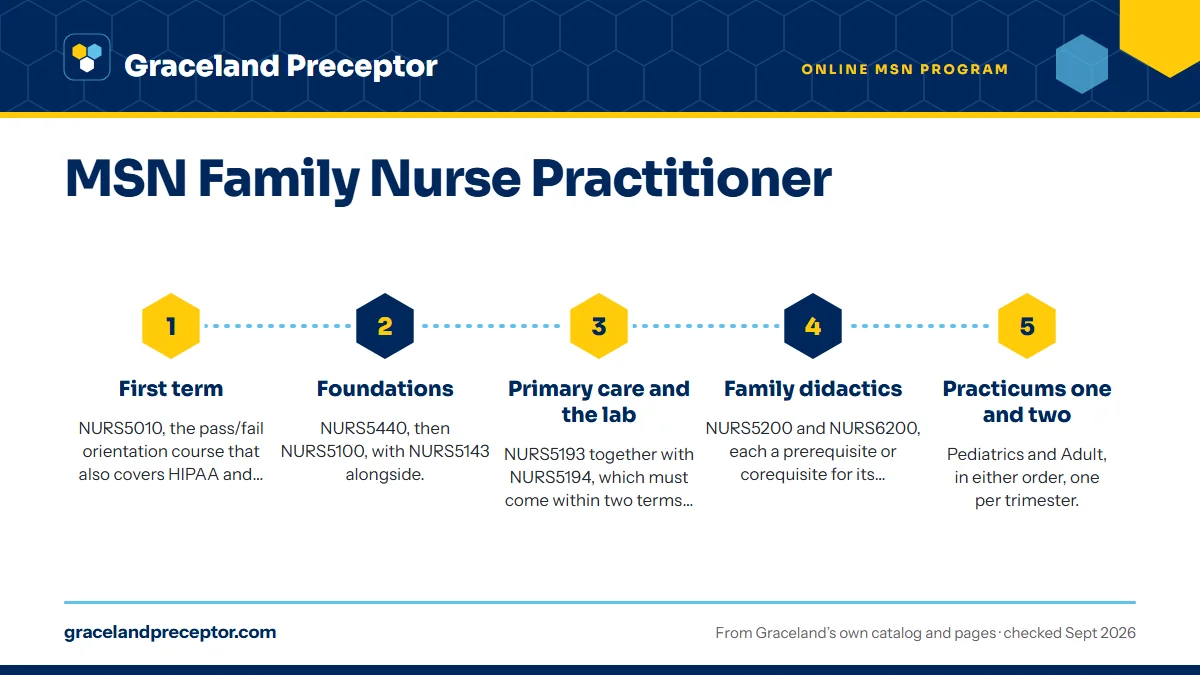 Numbered steps. The order you take things in: 1 First term; 2 Foundations; 3 Primary care and the lab; 4 Family didactics; 5 Practicums one and two.